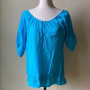 Cato boho aqua blue blouse top shirt tab sleeve S
